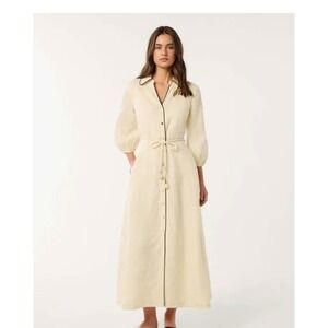 Forever New Tabitha Contrast 100% Linen Midi Dress Size S Cream DR18480